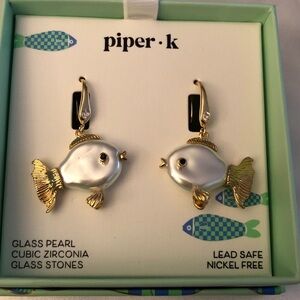 Piper K Gold Tone & White Glass Pearl Fish Drop Earrings CZ Accents NIB